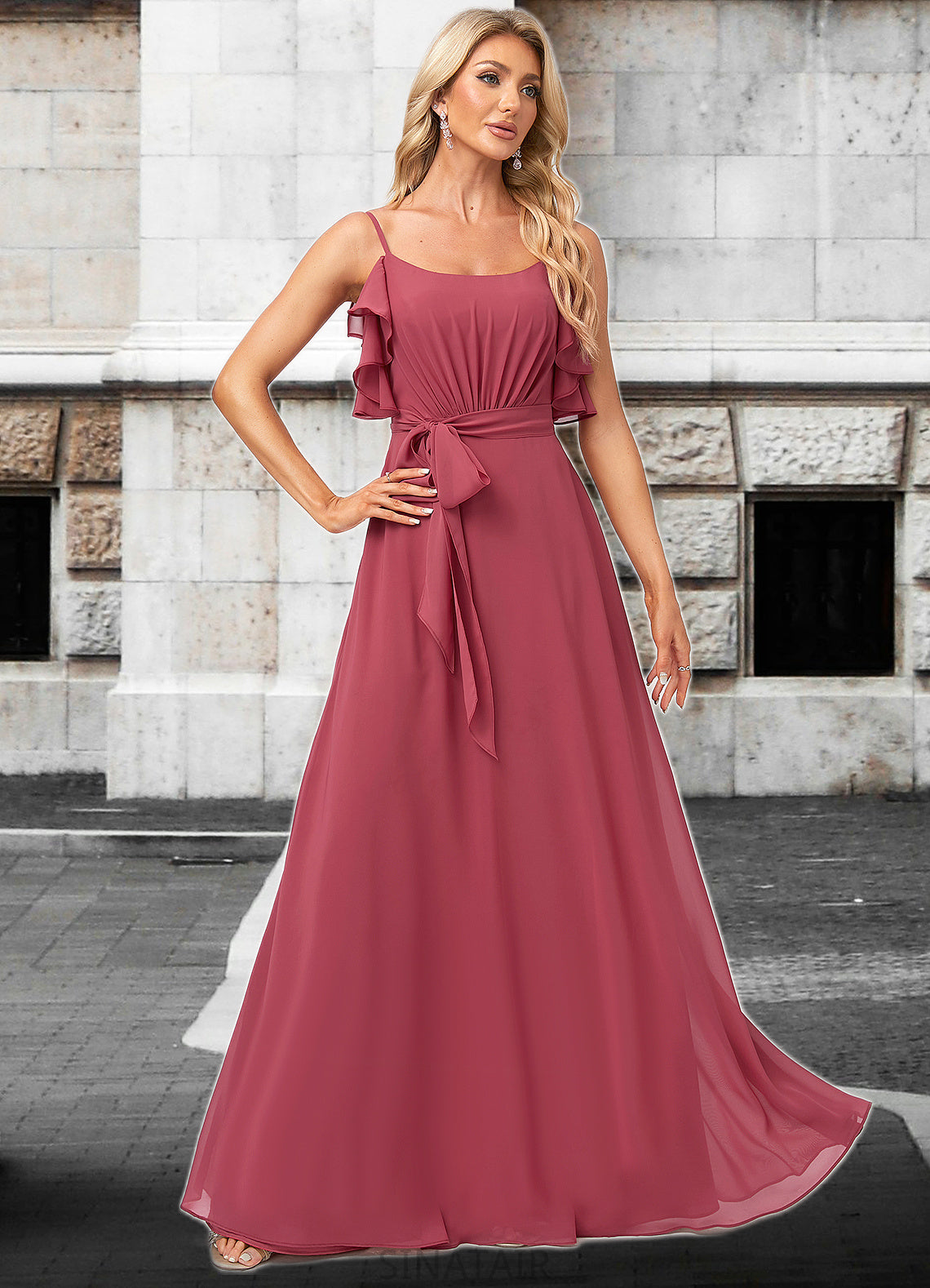 Amiyah A-line V-Neck Floor-Length Chiffon Bridesmaid Dress With Ruffle DHP0022604