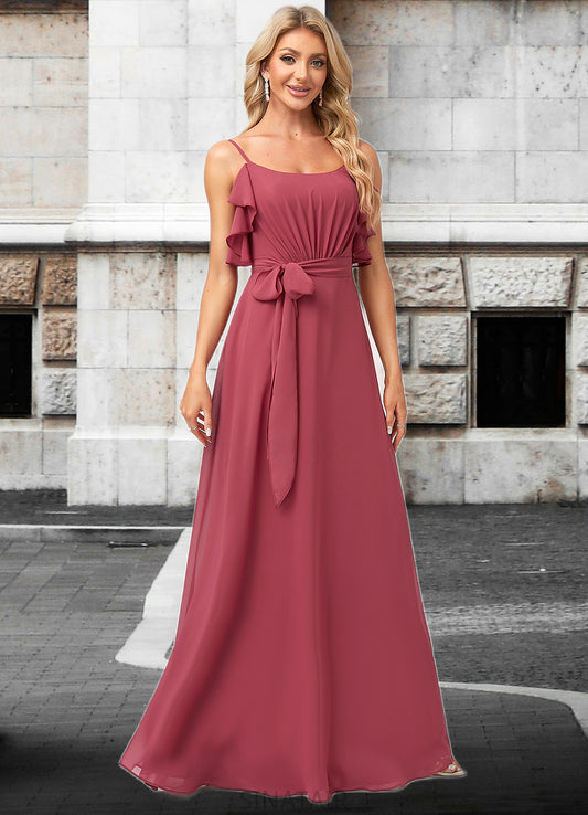 Amiyah A-line V-Neck Floor-Length Chiffon Bridesmaid Dress With Ruffle DHP0022604