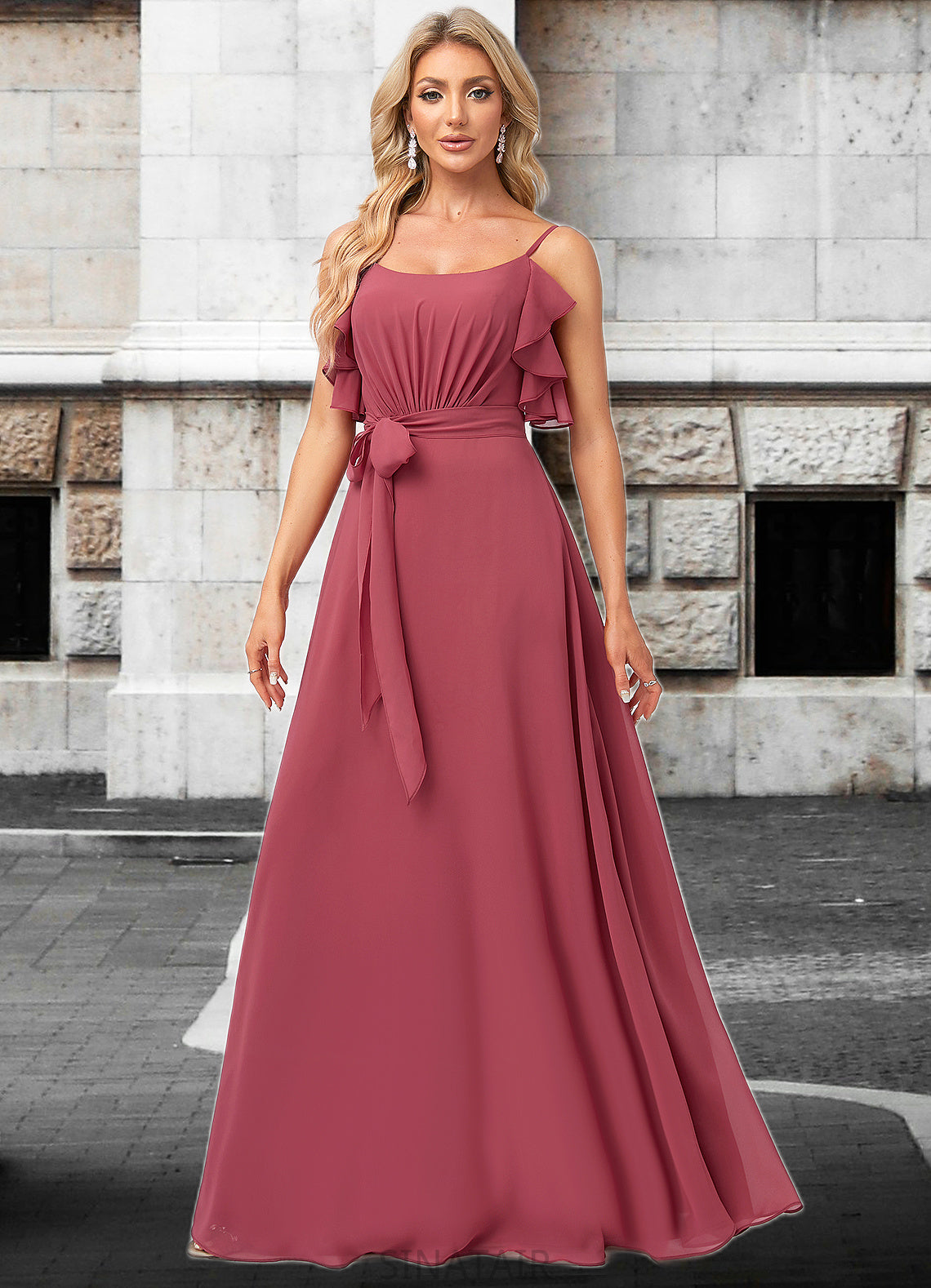 Amiyah A-line V-Neck Floor-Length Chiffon Bridesmaid Dress With Ruffle DHP0022604