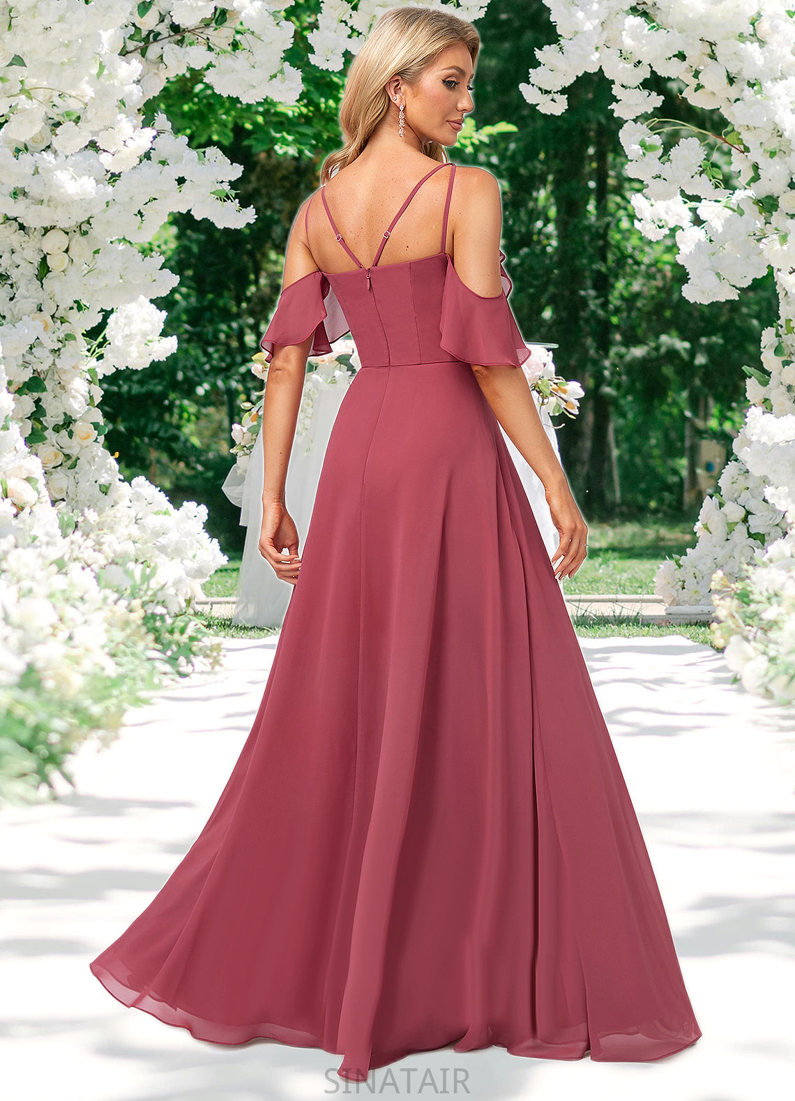 Lyla A-line Cold Shoulder Floor-Length Chiffon Bridesmaid Dress With Ruffle DHP0022605