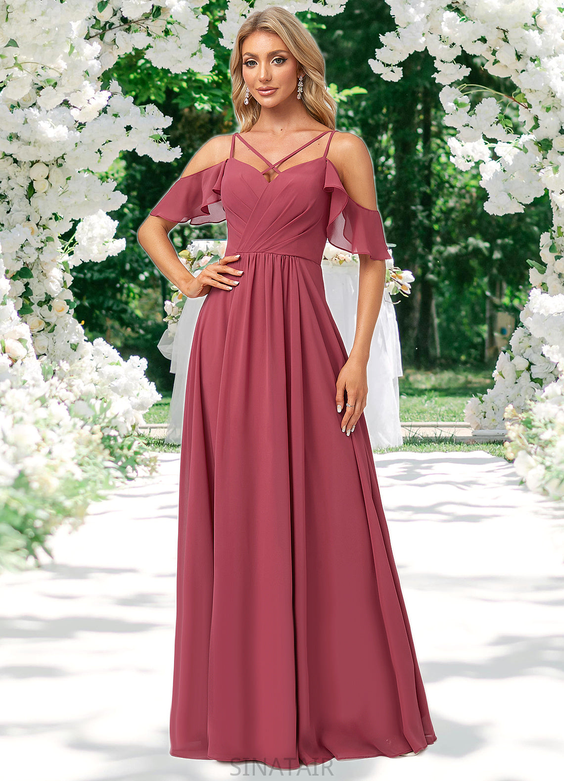 Lyla A-line Cold Shoulder Floor-Length Chiffon Bridesmaid Dress With Ruffle DHP0022605