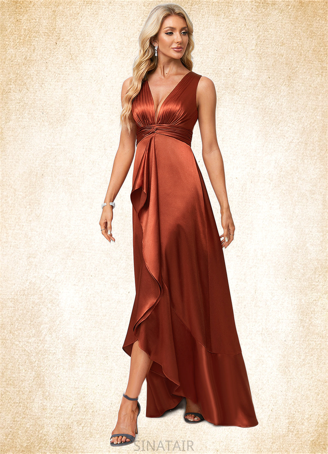 Kara A-line V-Neck Asymmetrical Stretch Satin Bridesmaid Dress With Ruffle DHP0022606