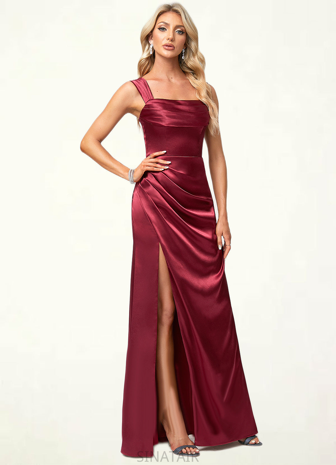 Sydnee A-line Square Floor-Length Stretch Satin Bridesmaid Dress DHP0022607