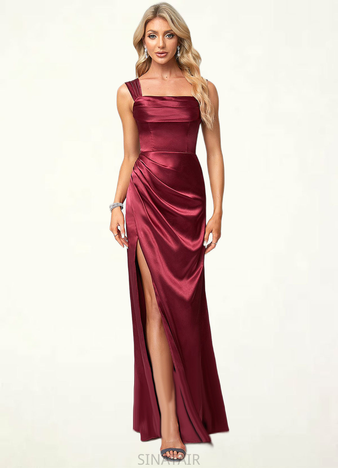 Sydnee A-line Square Floor-Length Stretch Satin Bridesmaid Dress DHP0022607