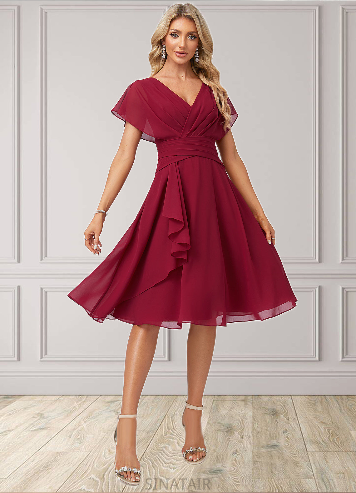 Hedda A-line V-Neck Knee-Length Chiffon Bridesmaid Dress With Ruffle DHP0022609