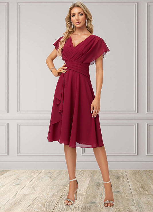 Hedda A-line V-Neck Knee-Length Chiffon Bridesmaid Dress With Ruffle DHP0022609