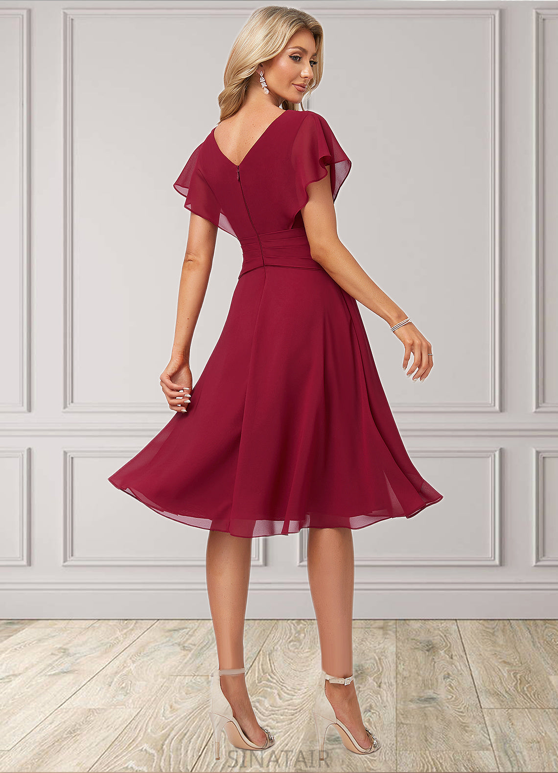 Hedda A-line V-Neck Knee-Length Chiffon Bridesmaid Dress With Ruffle DHP0022609