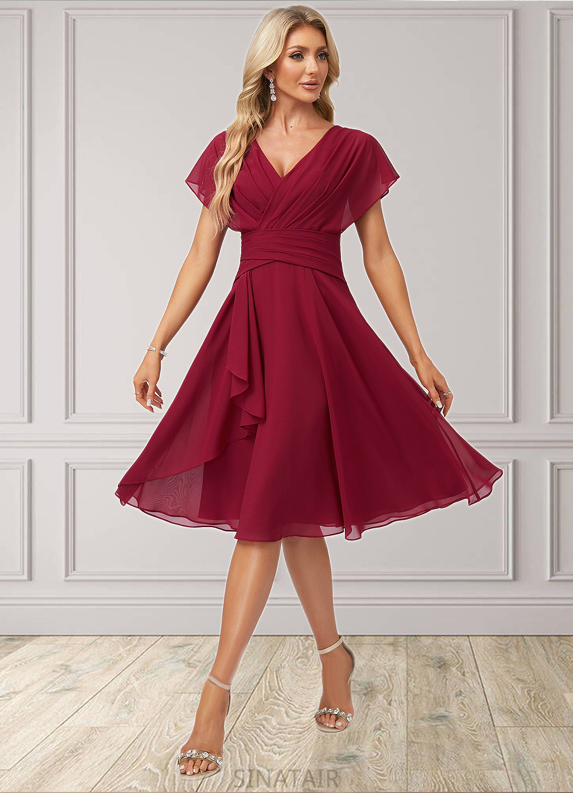 Hedda A-line V-Neck Knee-Length Chiffon Bridesmaid Dress With Ruffle DHP0022609