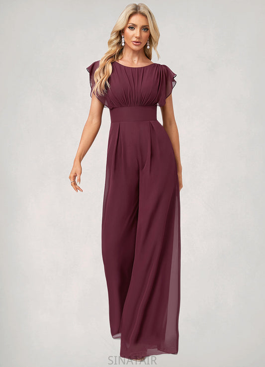 Ryan Jumpsuit/Pantsuit Scoop Floor-Length Chiffon Bridesmaid Dress With Ruffle DHP0022610