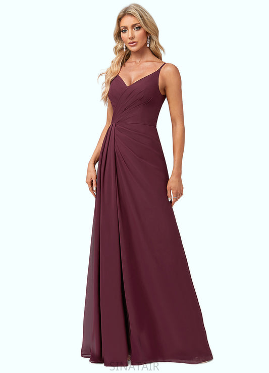 Brylee A-line V-Neck Floor-Length Chiffon Bridesmaid Dress With Ruffle DHP0022611