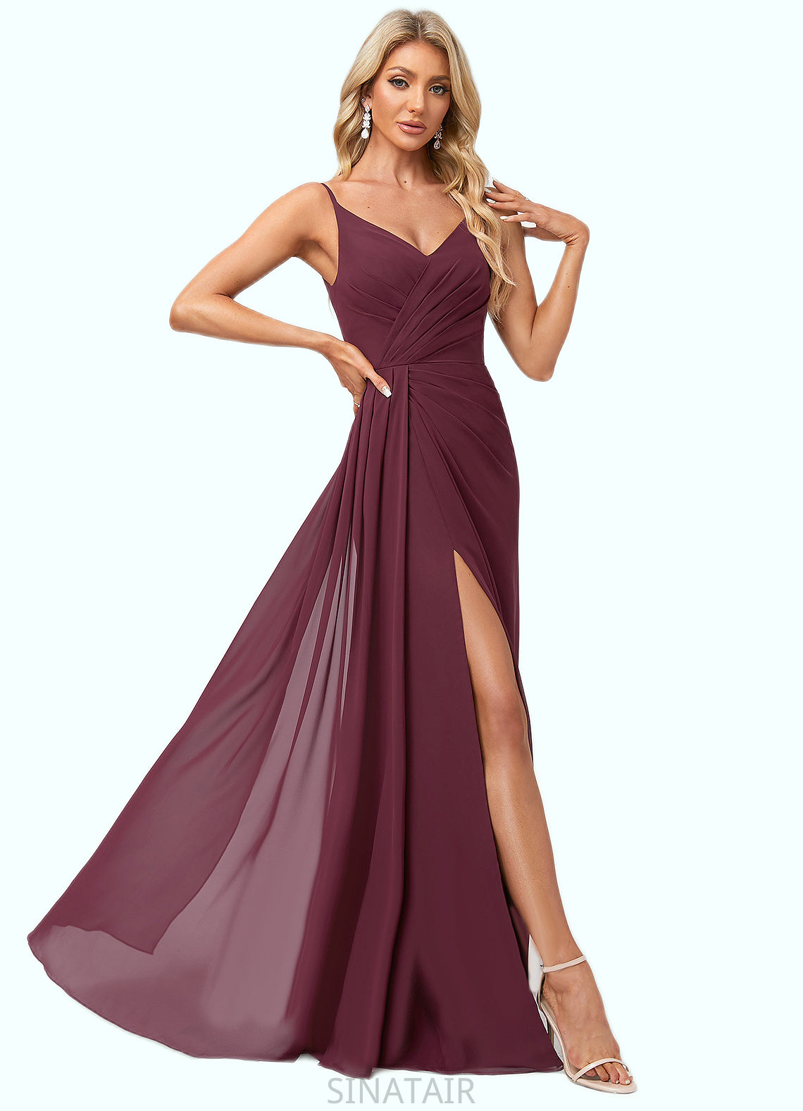 Brylee A-line V-Neck Floor-Length Chiffon Bridesmaid Dress With Ruffle DHP0022611