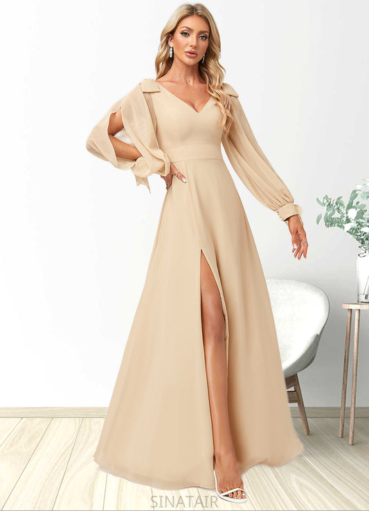 Alayna A-line V-Neck Floor-Length Chiffon Bridesmaid Dress With Bow DHP0022613