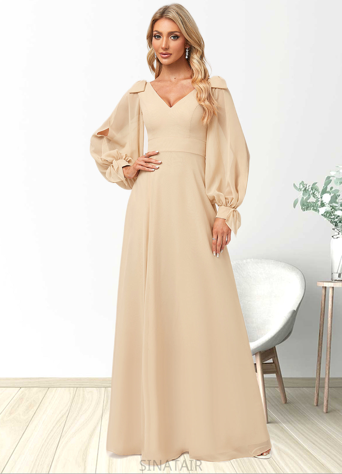 Alayna A-line V-Neck Floor-Length Chiffon Bridesmaid Dress With Bow DHP0022613