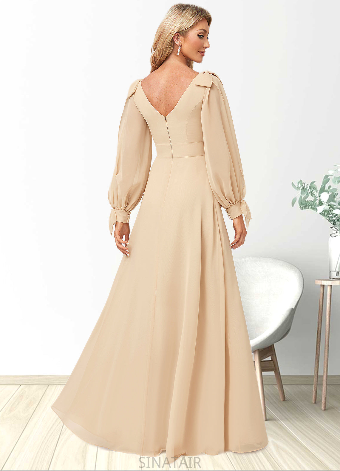 Alayna A-line V-Neck Floor-Length Chiffon Bridesmaid Dress With Bow DHP0022613