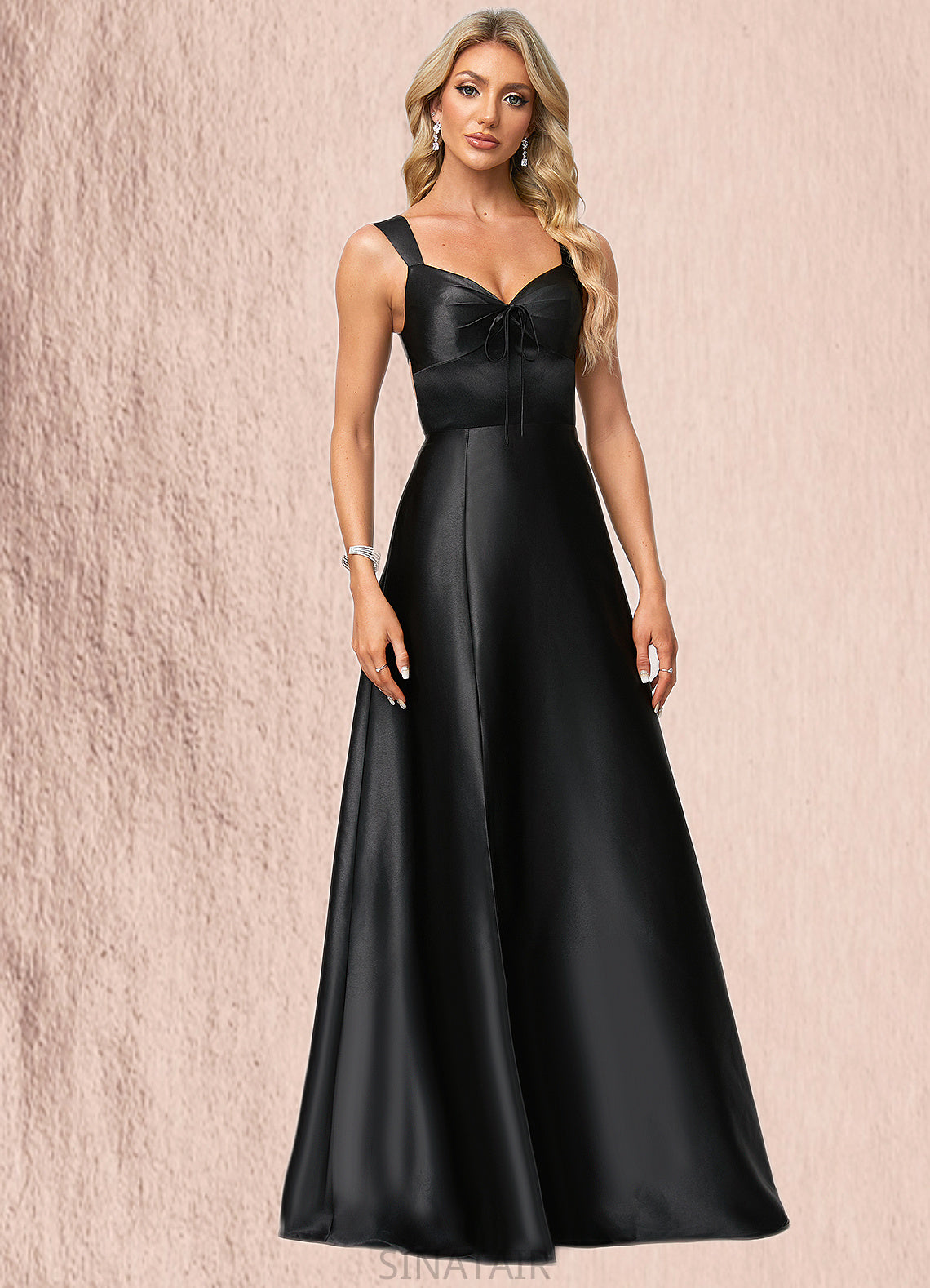 Callie A-line V-Neck Floor-Length Stretch Satin Bridesmaid Dress With Bow DHP0022615