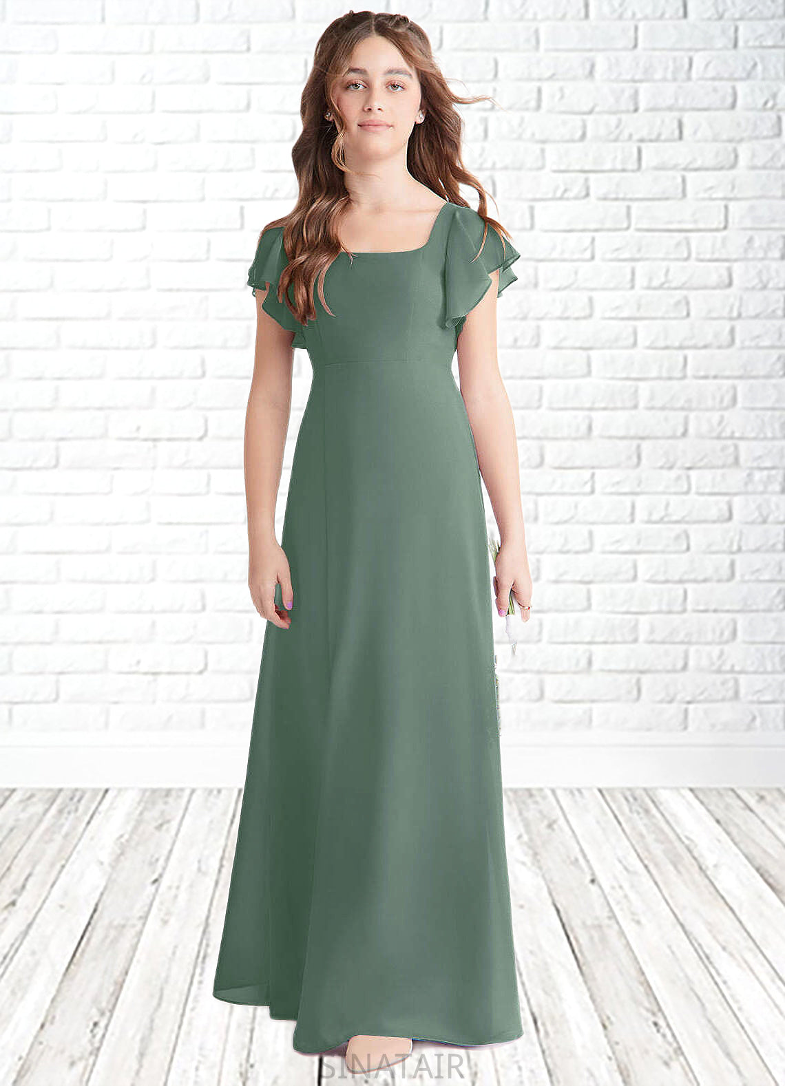 Esperanza A-Line Bow Chiffon Floor-Length Junior Bridesmaid Dress Eucalyptus DHP0022847