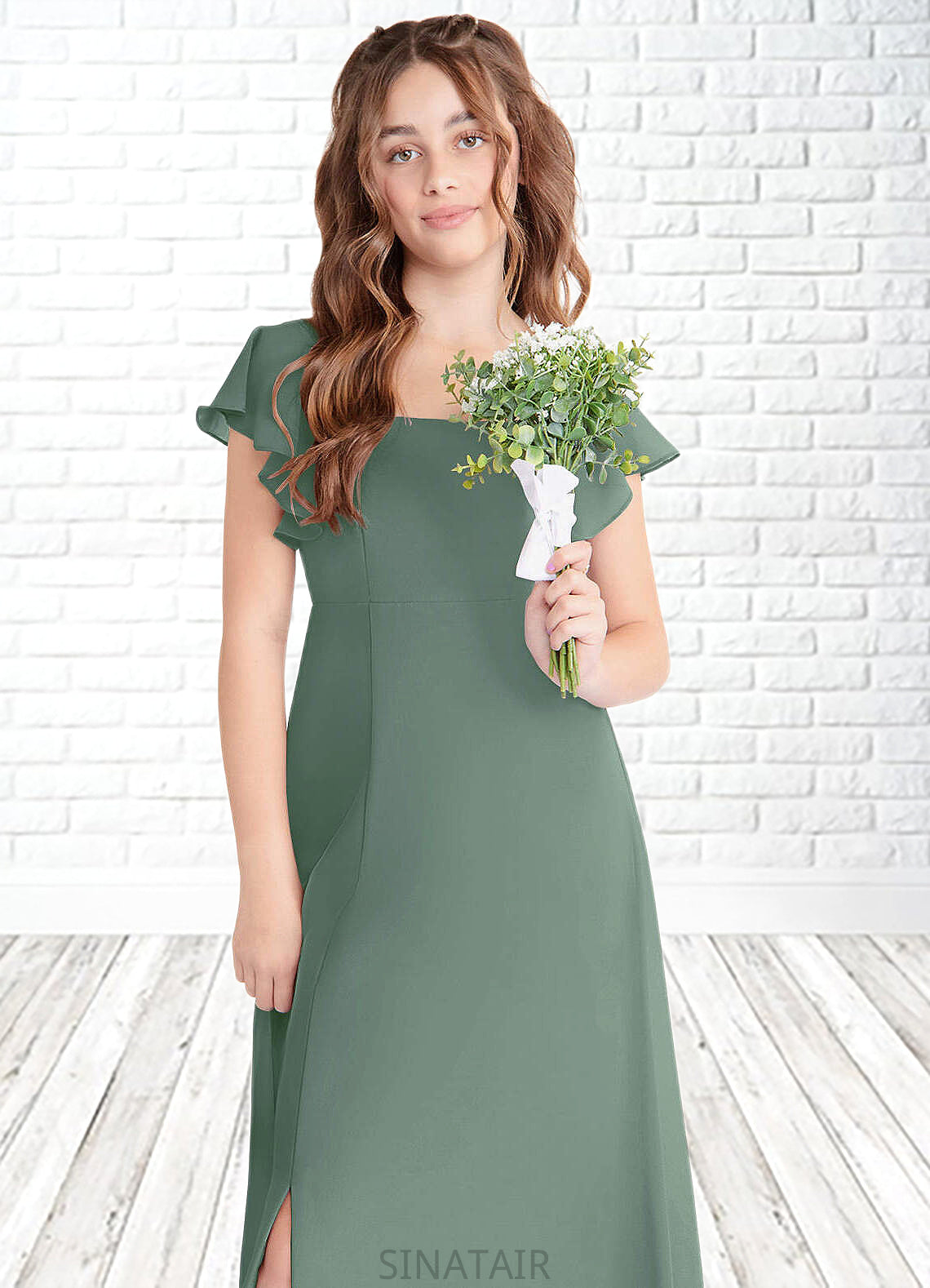 Esperanza A-Line Bow Chiffon Floor-Length Junior Bridesmaid Dress Eucalyptus DHP0022847