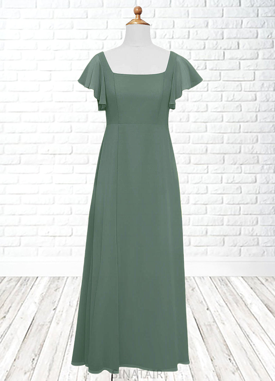 Esperanza A-Line Bow Chiffon Floor-Length Junior Bridesmaid Dress Eucalyptus DHP0022847