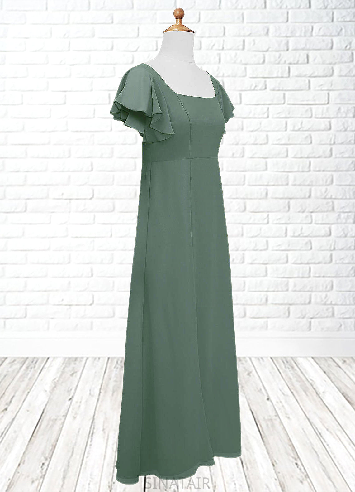 Esperanza A-Line Bow Chiffon Floor-Length Junior Bridesmaid Dress Eucalyptus DHP0022847