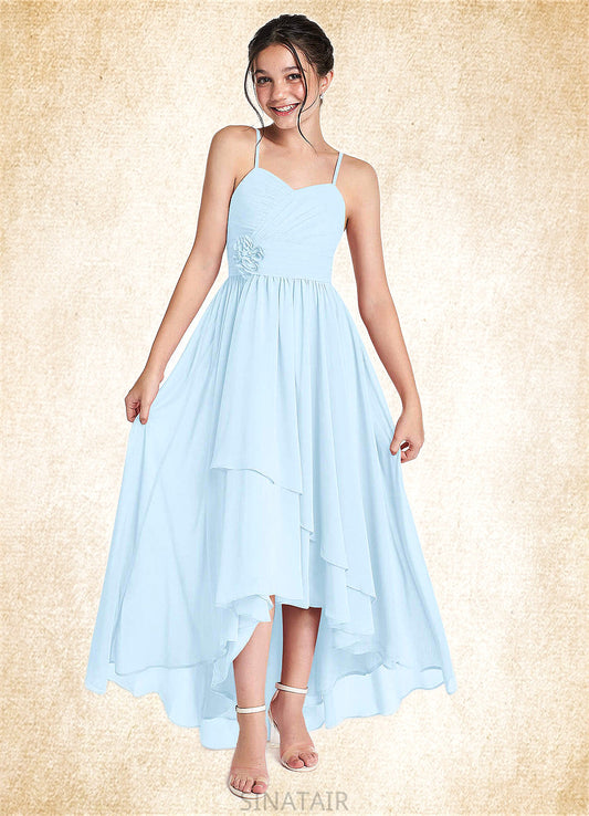 Evangeline A-Line Ruched Chiffon Asymmetrical Junior Bridesmaid Dress Sky Blue DHP0022848