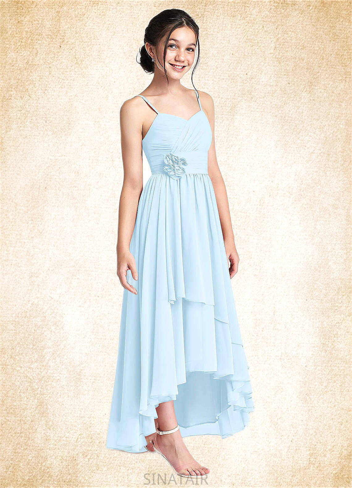 Evangeline A-Line Ruched Chiffon Asymmetrical Junior Bridesmaid Dress Sky Blue DHP0022848