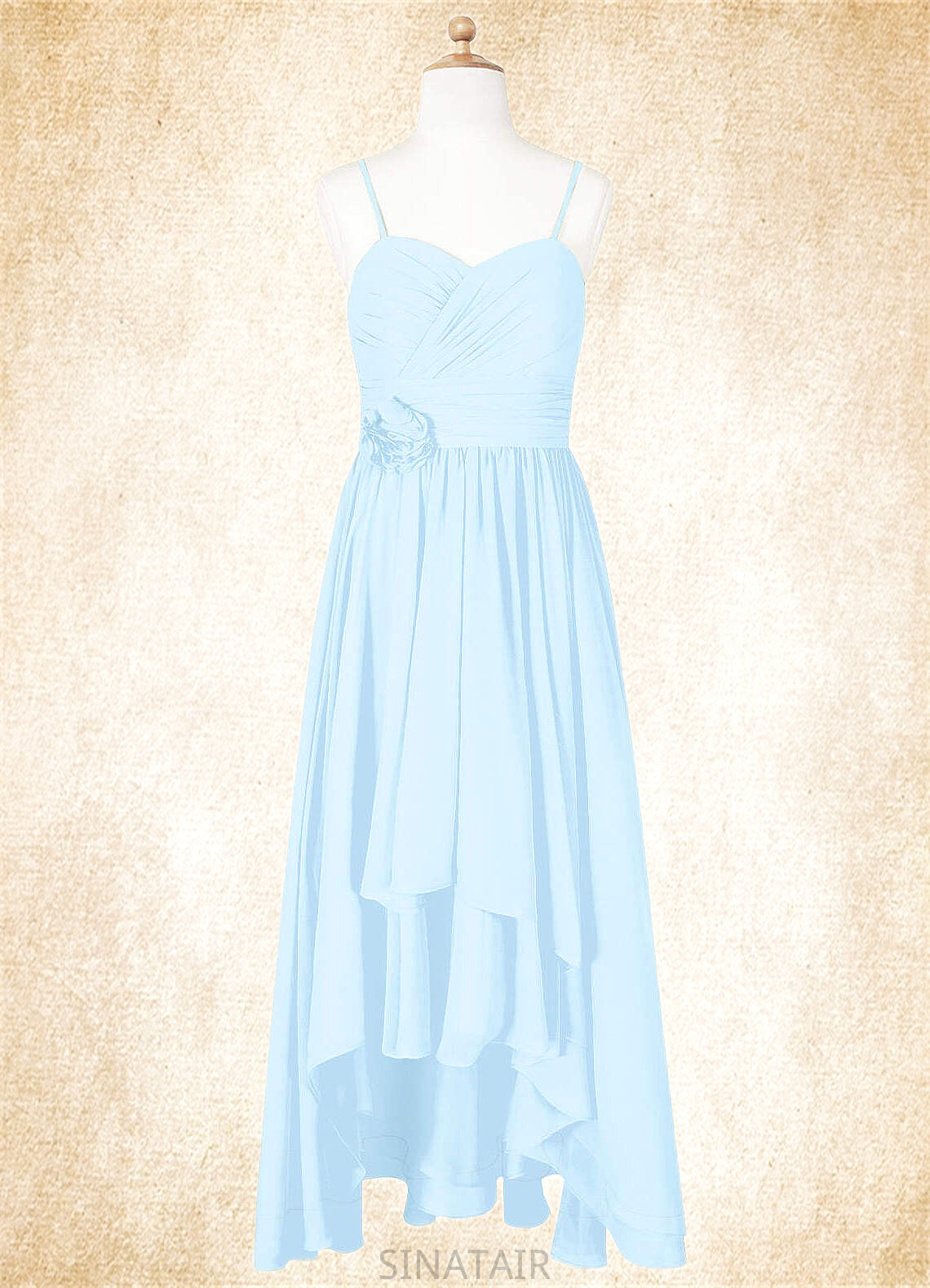 Evangeline A-Line Ruched Chiffon Asymmetrical Junior Bridesmaid Dress Sky Blue DHP0022848