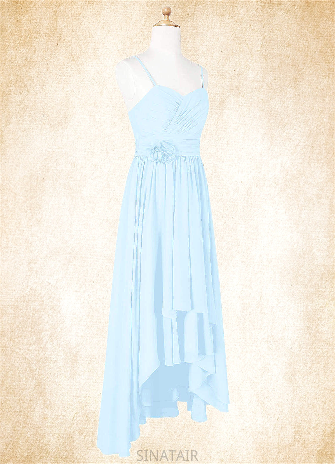 Evangeline A-Line Ruched Chiffon Asymmetrical Junior Bridesmaid Dress Sky Blue DHP0022848