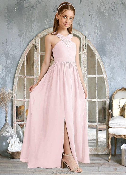 Jamiya A-Line Pleated Chiffon Floor-Length Junior Bridesmaid Dress Blushing Pink DHP0022849