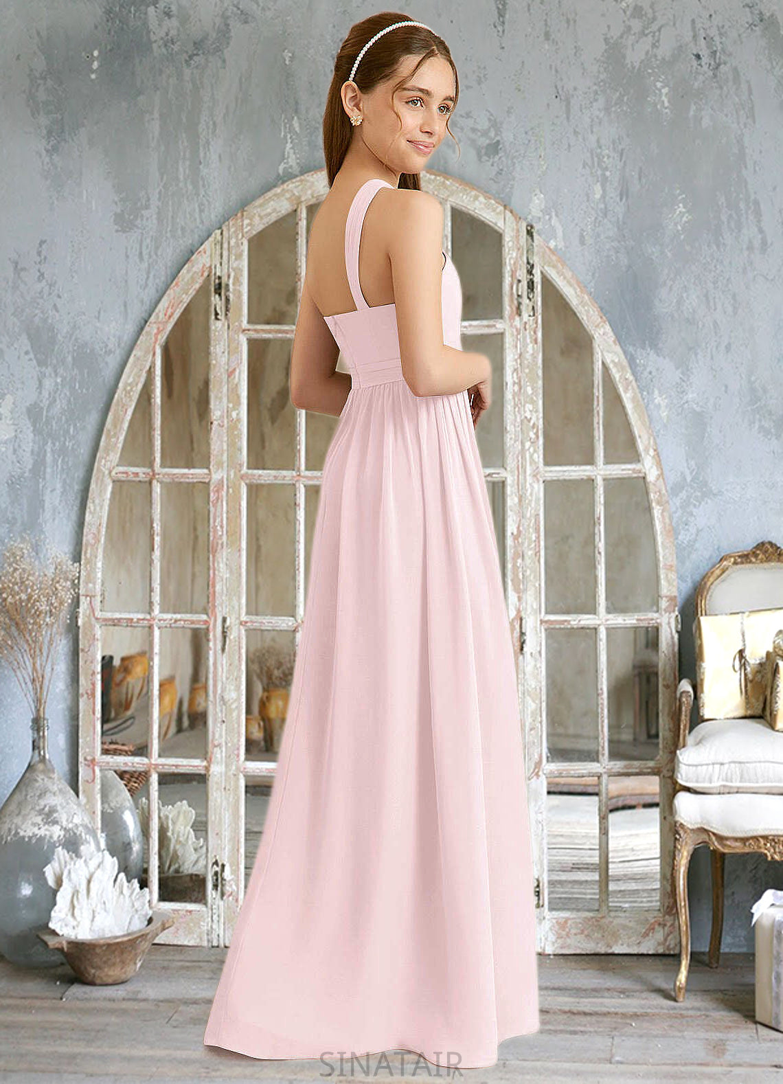 Jamiya A-Line Pleated Chiffon Floor-Length Junior Bridesmaid Dress Blushing Pink DHP0022849