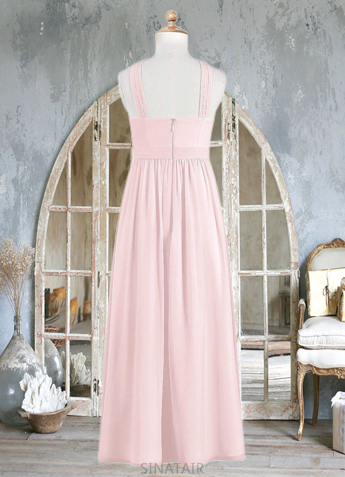 Jamiya A-Line Pleated Chiffon Floor-Length Junior Bridesmaid Dress Blushing Pink DHP0022849