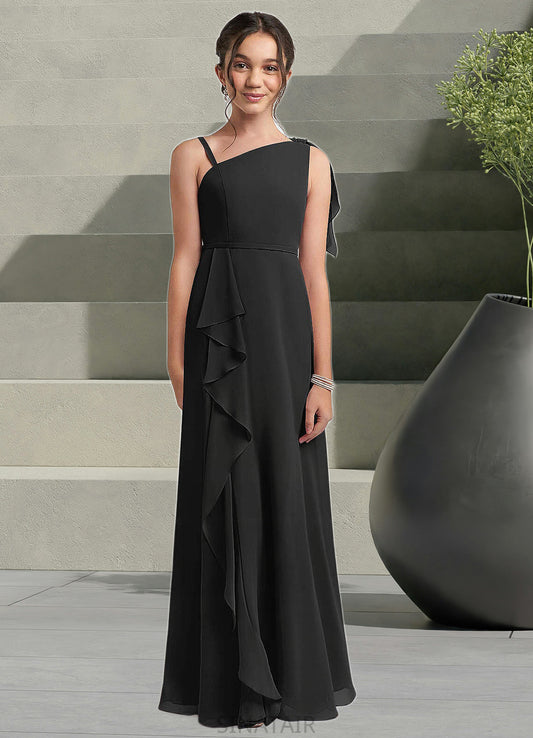 Alia A-Line Bow Chiffon Floor-Length Junior Bridesmaid Dress black DHP0022850