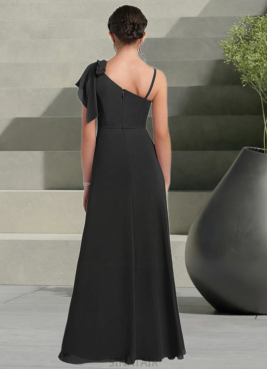 Alia A-Line Bow Chiffon Floor-Length Junior Bridesmaid Dress black DHP0022850