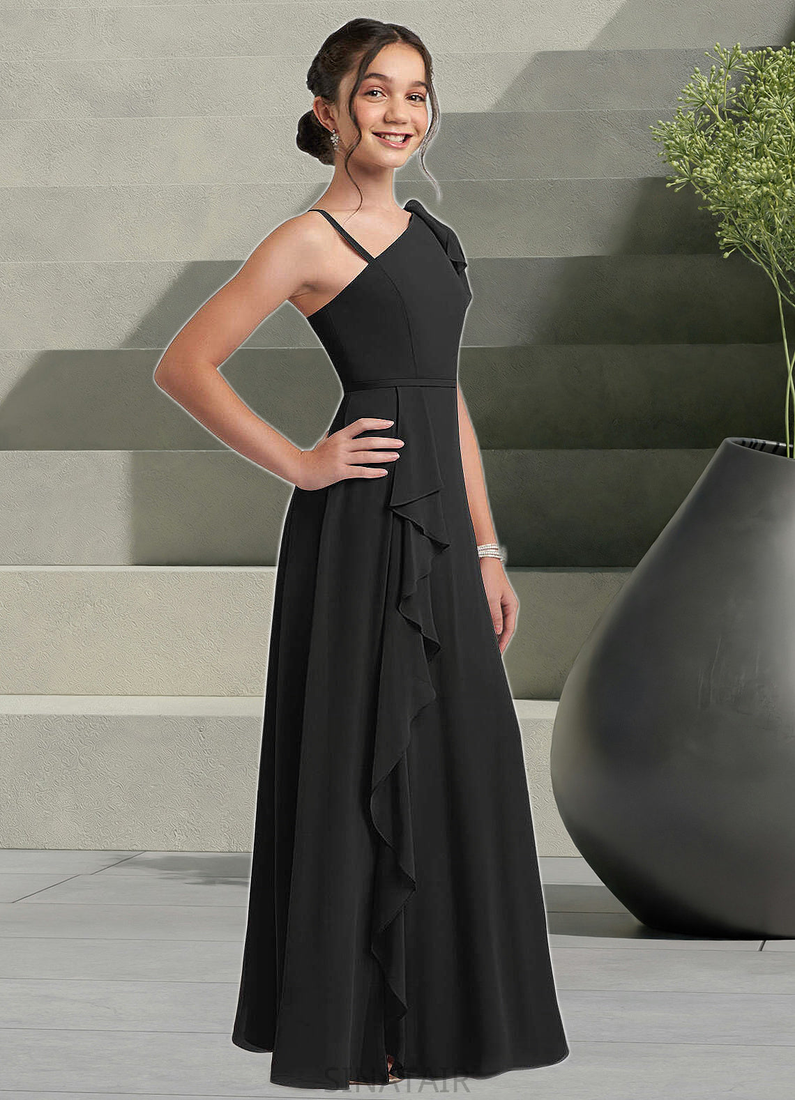 Alia A-Line Bow Chiffon Floor-Length Junior Bridesmaid Dress black DHP0022850