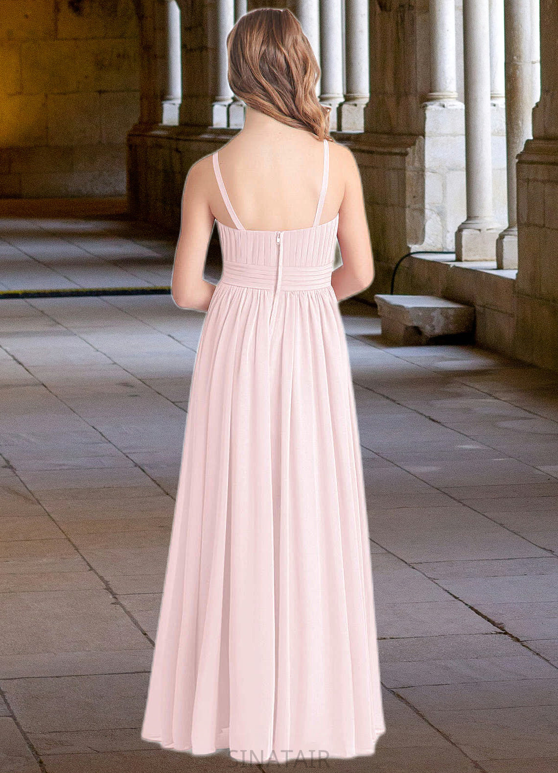 Linda A-Line Floral Chiffon Floor-Length Junior Bridesmaid Dress Blushing Pink DHP0022851