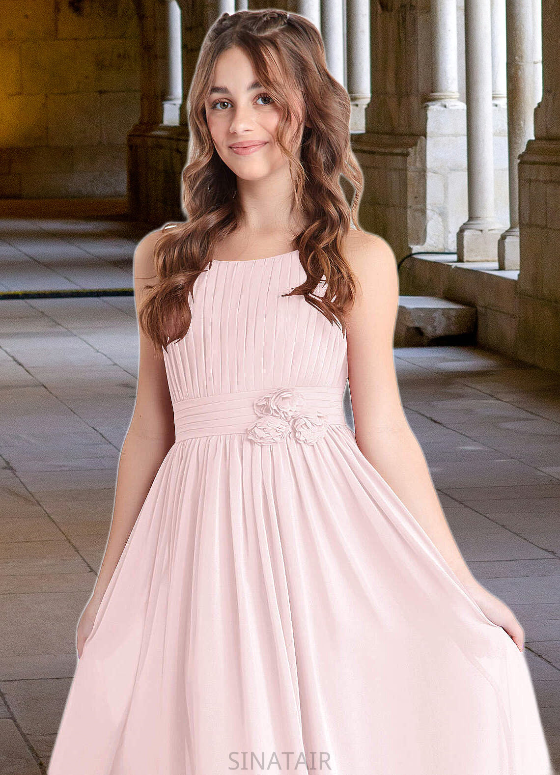 Linda A-Line Floral Chiffon Floor-Length Junior Bridesmaid Dress Blushing Pink DHP0022851