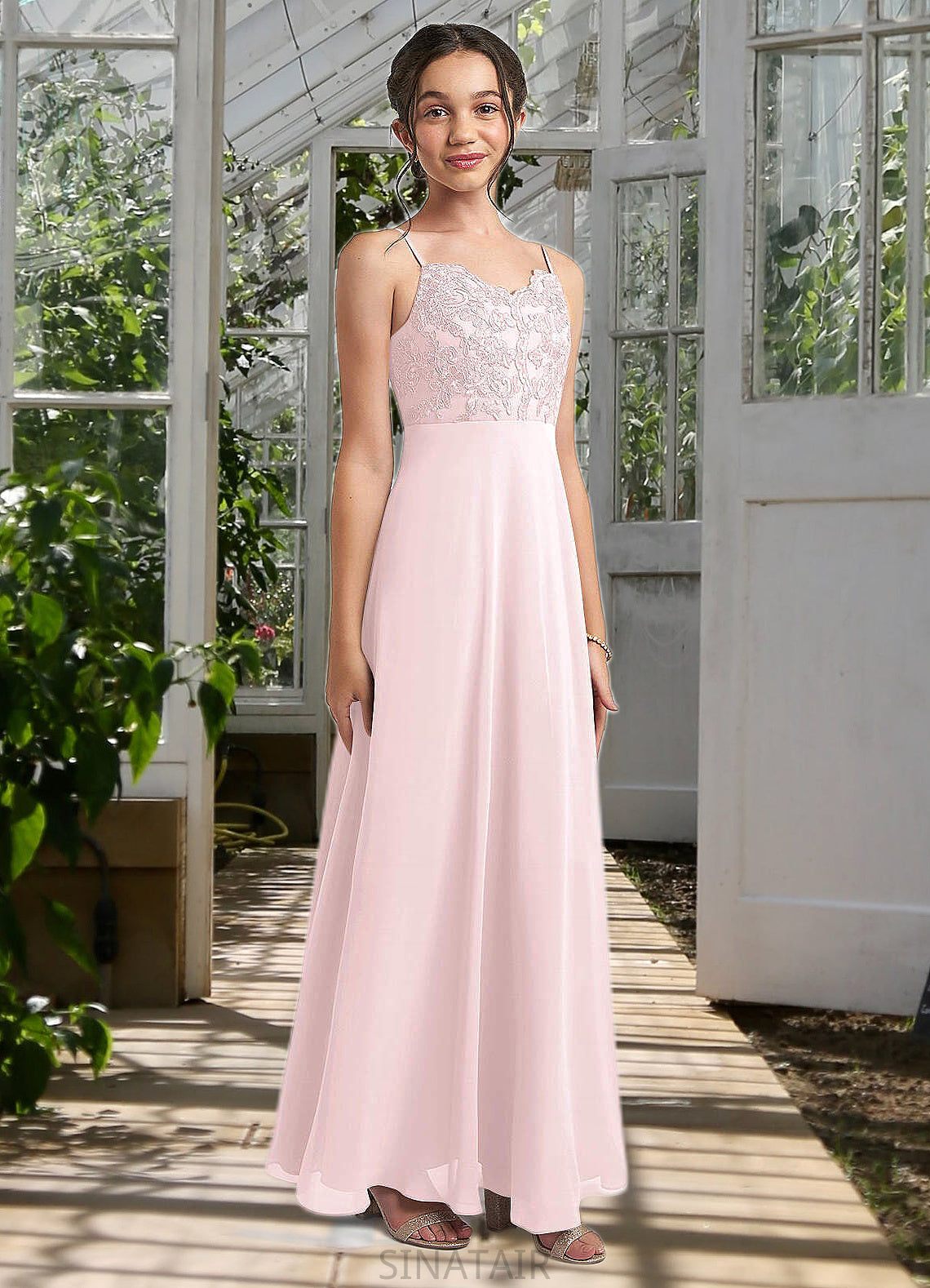 Martha A-Line Lace Chiffon Floor-Length Junior Bridesmaid Dress Blushing Pink DHP0022853