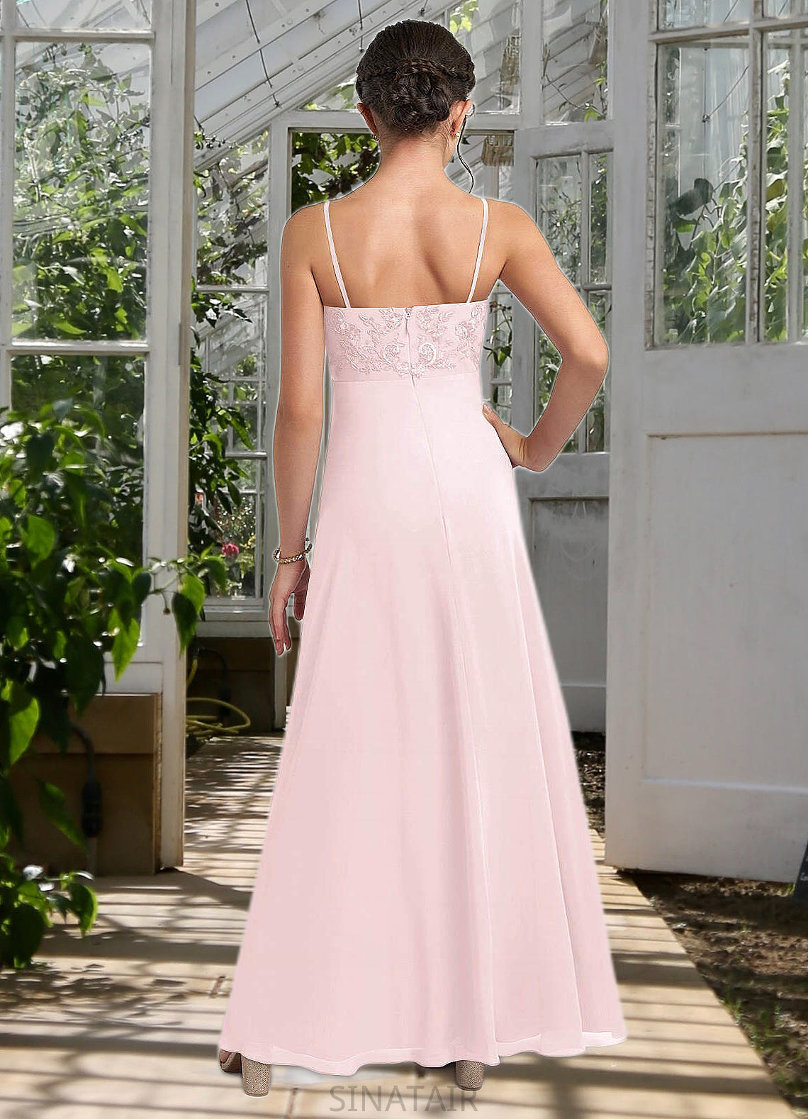 Martha A-Line Lace Chiffon Floor-Length Junior Bridesmaid Dress Blushing Pink DHP0022853