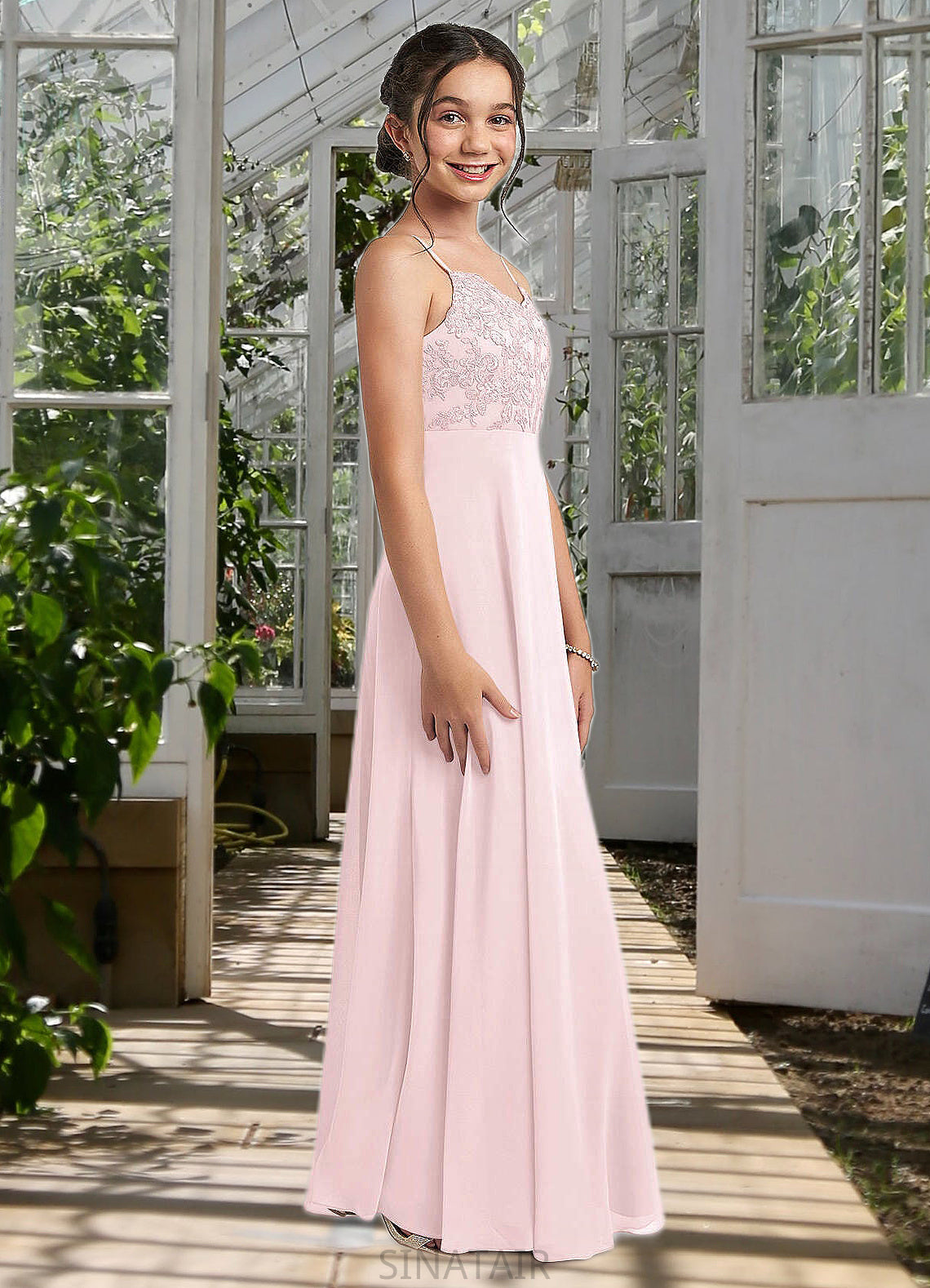 Martha A-Line Lace Chiffon Floor-Length Junior Bridesmaid Dress Blushing Pink DHP0022853