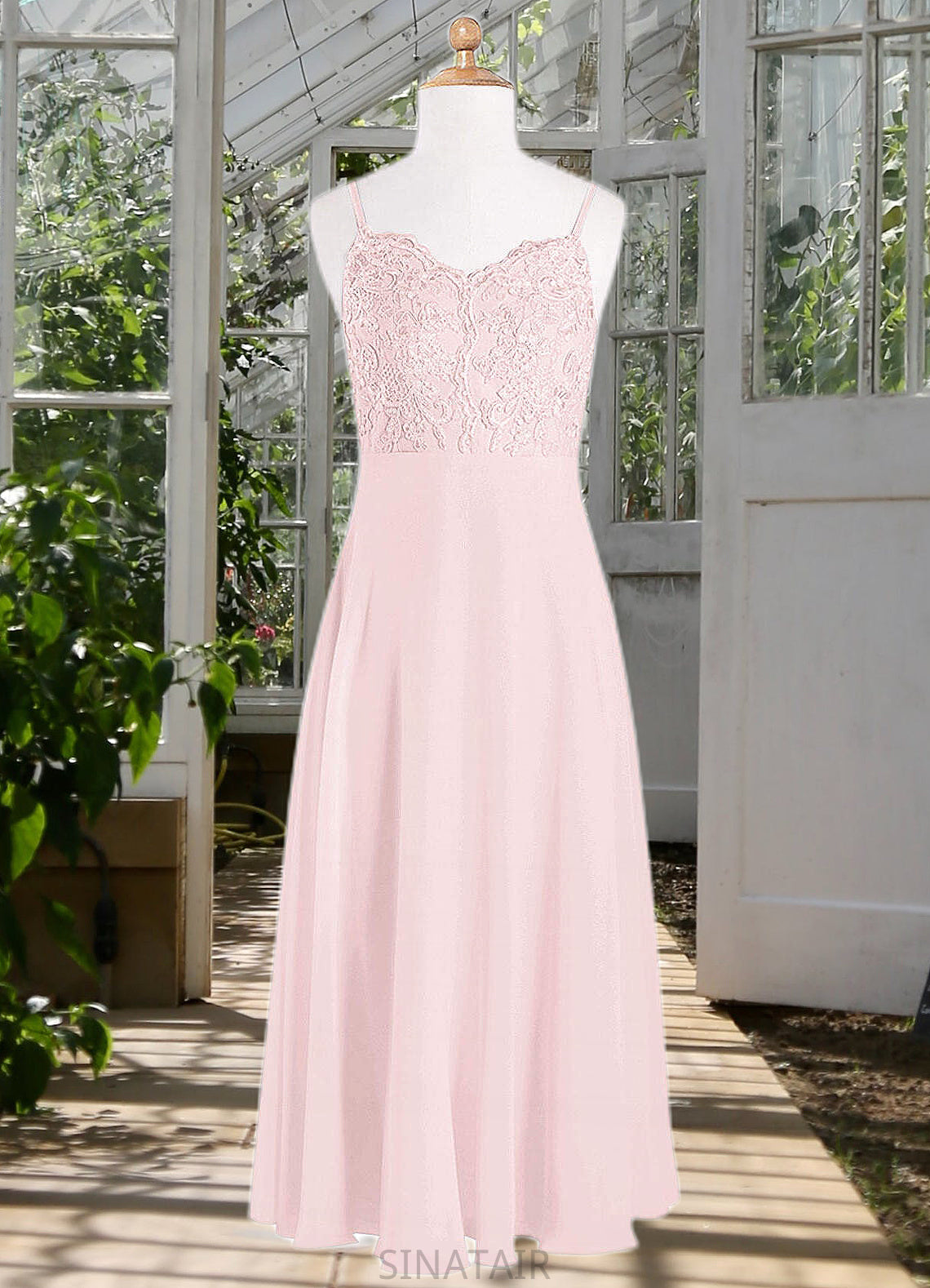 Martha A-Line Lace Chiffon Floor-Length Junior Bridesmaid Dress Blushing Pink DHP0022853