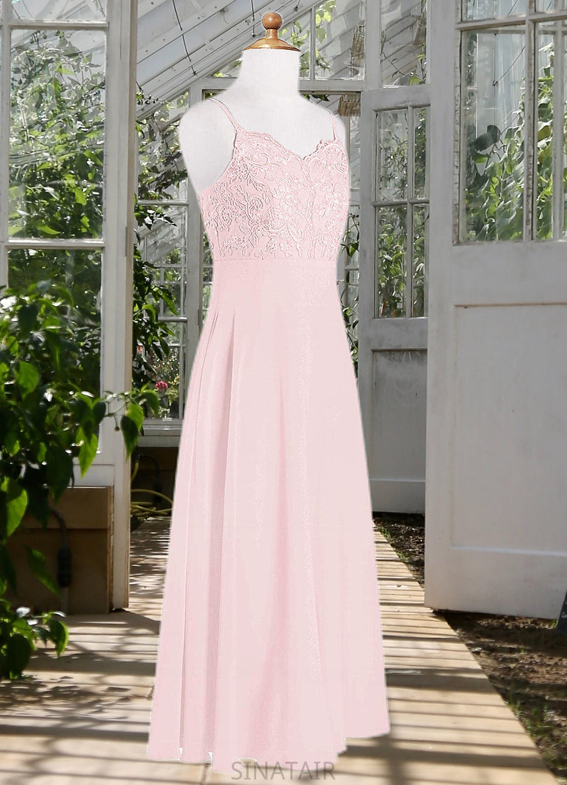 Martha A-Line Lace Chiffon Floor-Length Junior Bridesmaid Dress Blushing Pink DHP0022853