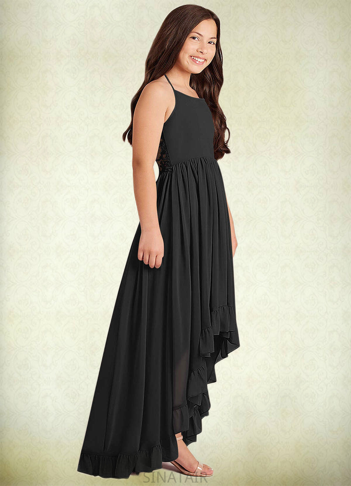 Angelique A-Line Lace Chiffon Asymmetrical Junior Bridesmaid Dress black DHP0022855