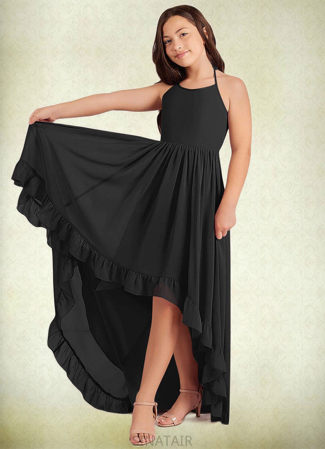 Angelique A-Line Lace Chiffon Asymmetrical Junior Bridesmaid Dress black DHP0022855