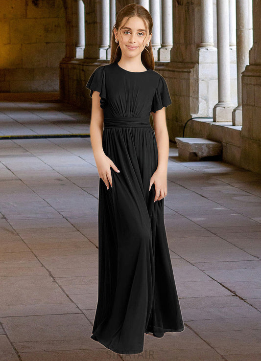 Nola A-Line Ruched Mesh Floor-Length Junior Bridesmaid Dress black DHP0022857