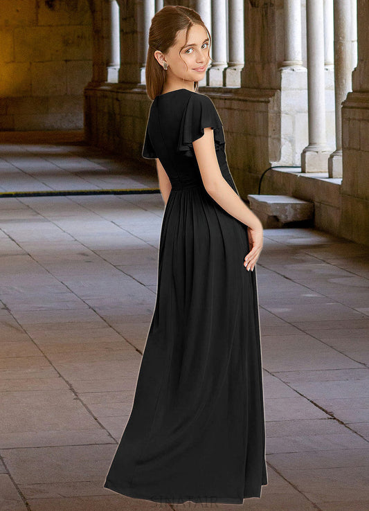 Nola A-Line Ruched Mesh Floor-Length Junior Bridesmaid Dress black DHP0022857