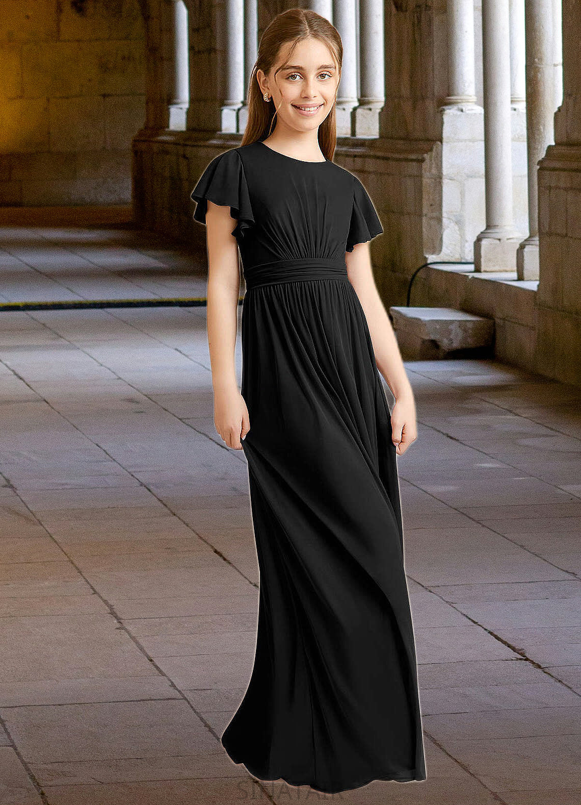 Nola A-Line Ruched Mesh Floor-Length Junior Bridesmaid Dress black DHP0022857