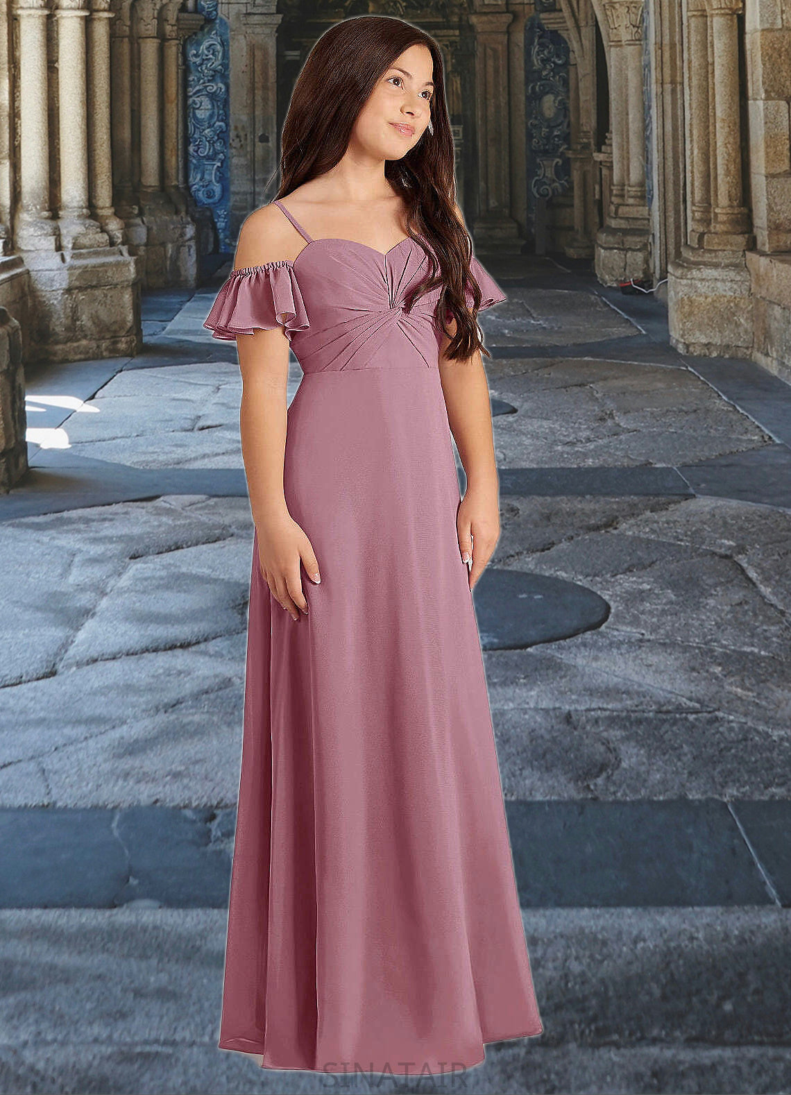 Zoie A-Line Off the Shoulder Chiffon Floor-Length Junior Bridesmaid Dress Vintage Mauve DHP0022859