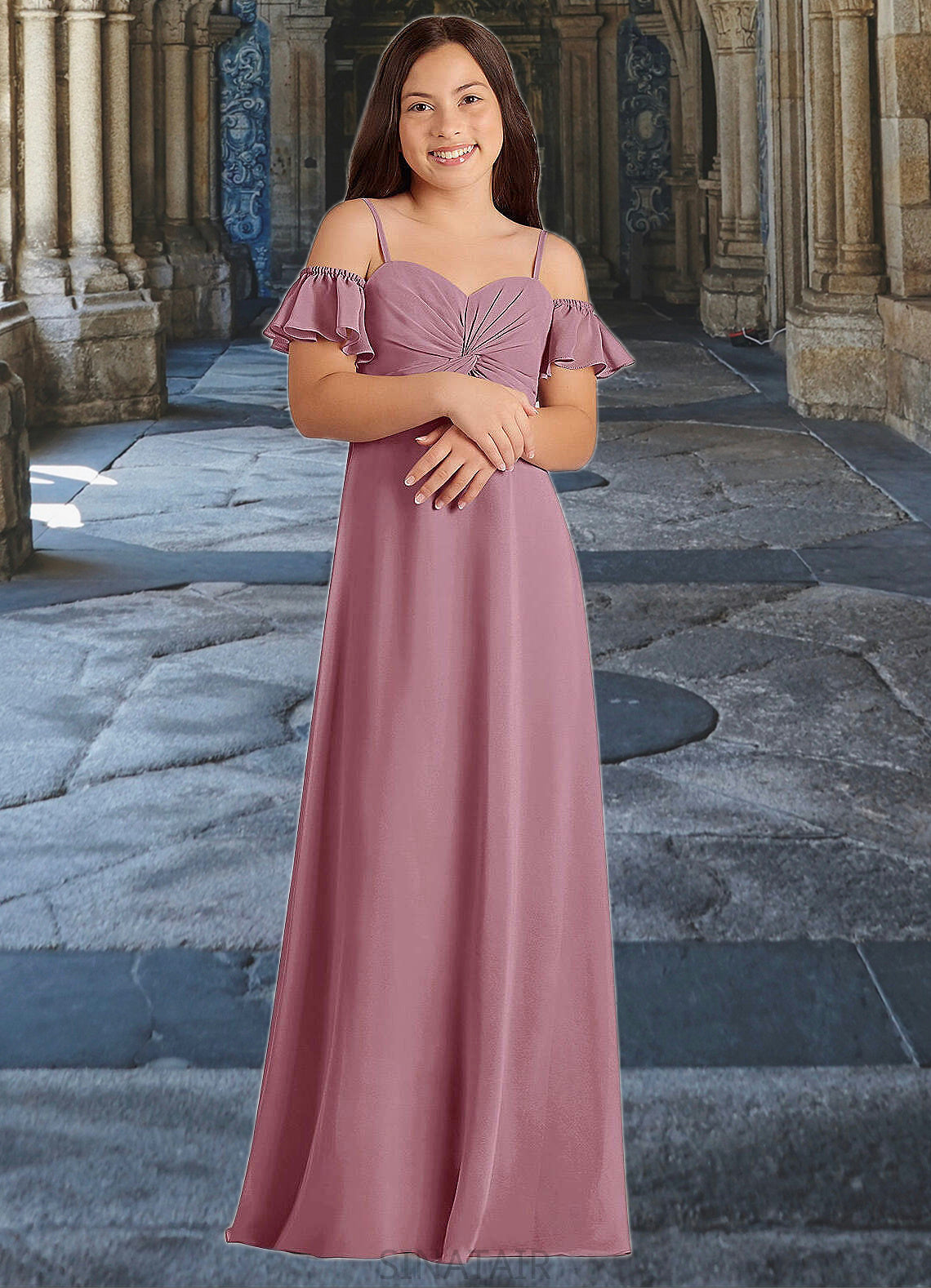 Zoie A-Line Off the Shoulder Chiffon Floor-Length Junior Bridesmaid Dress Vintage Mauve DHP0022859