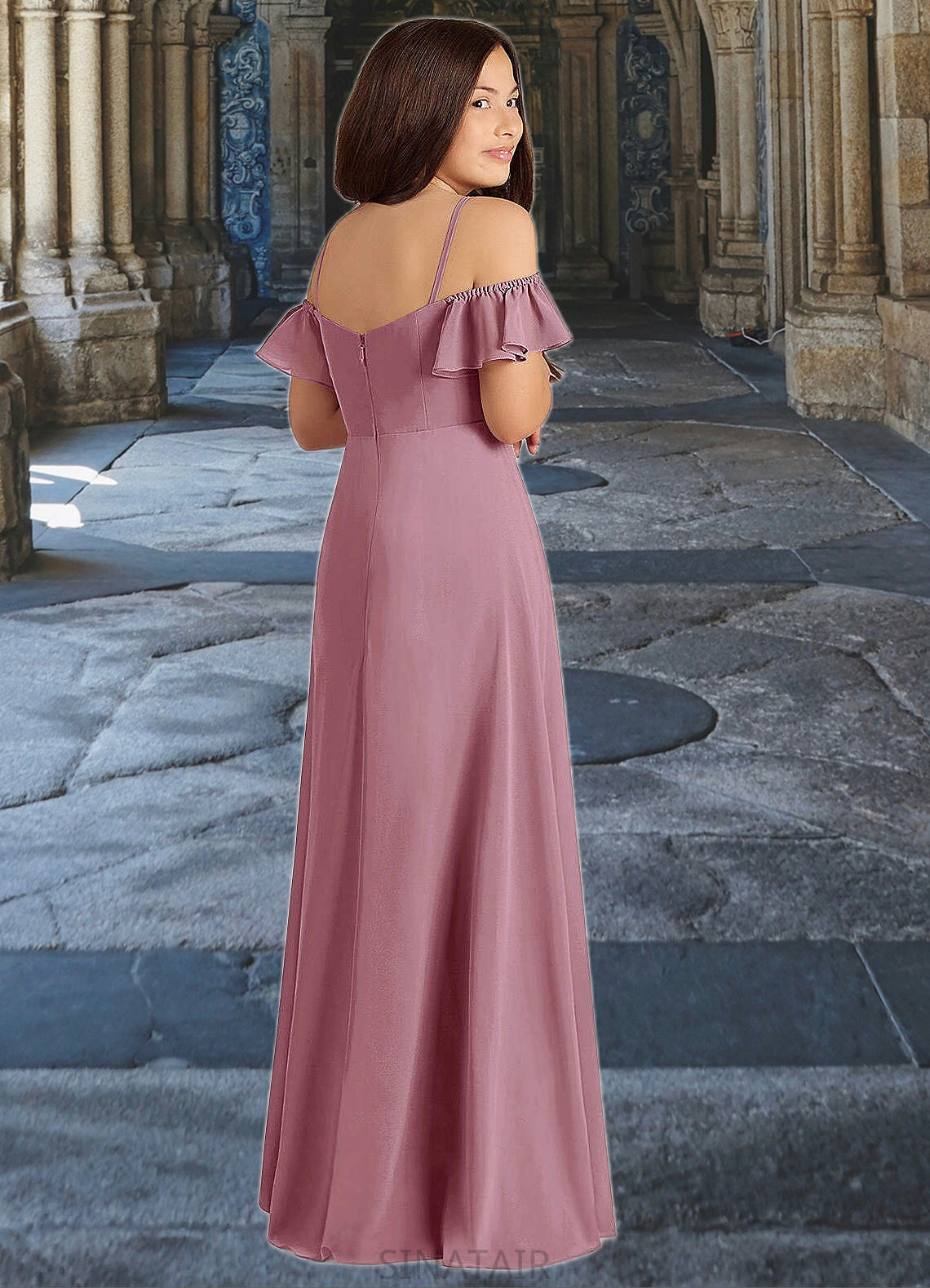 Zoie A-Line Off the Shoulder Chiffon Floor-Length Junior Bridesmaid Dress Vintage Mauve DHP0022859