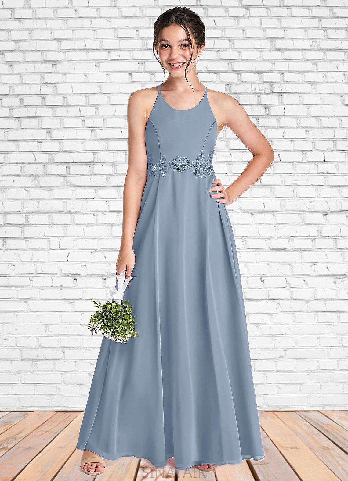 Iyana A-Line Lace Chiffon Floor-Length Junior Bridesmaid Dress dusty blue DHP0022860