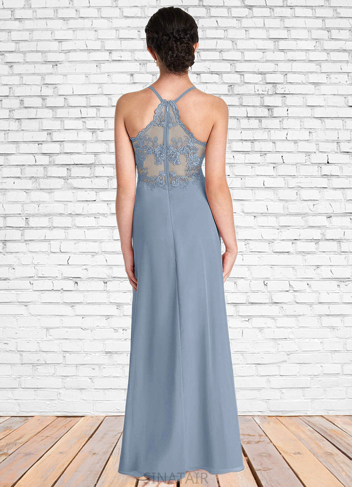 Iyana A-Line Lace Chiffon Floor-Length Junior Bridesmaid Dress dusty blue DHP0022860